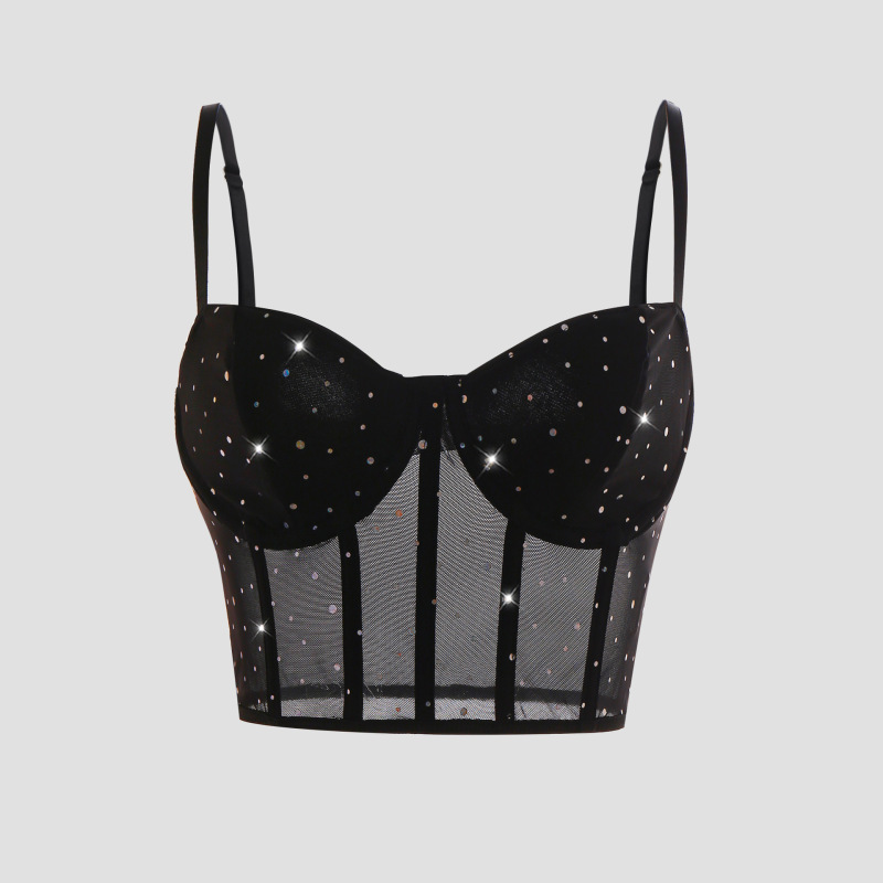 Amazon Cross-Border Best-Selling Sequined Sexy Short Navel-Baring Nightclub Steel Ring Fishbone Pure Color Vest 11262