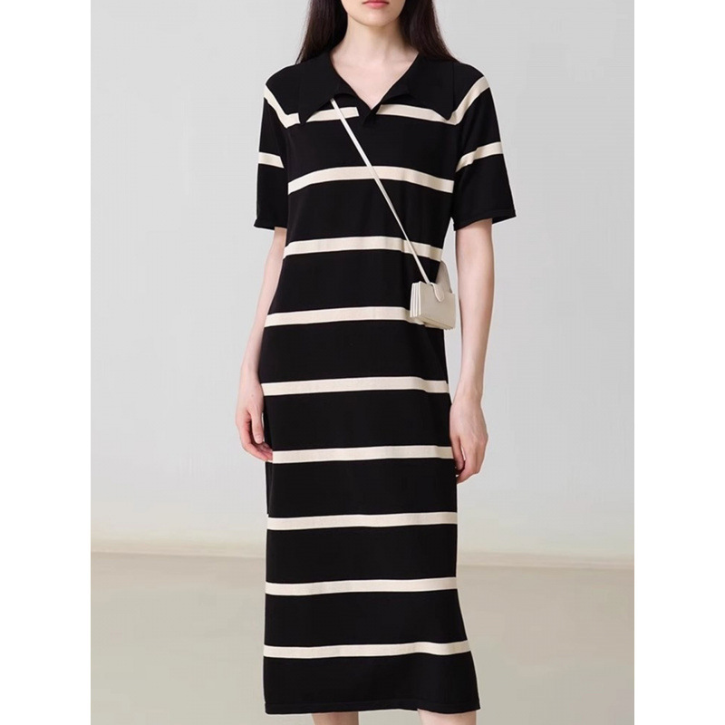 European High-End Korean-Style Color-Block Striped Dress 2026 Summer Pullover T-Shirt Straight Long Dress