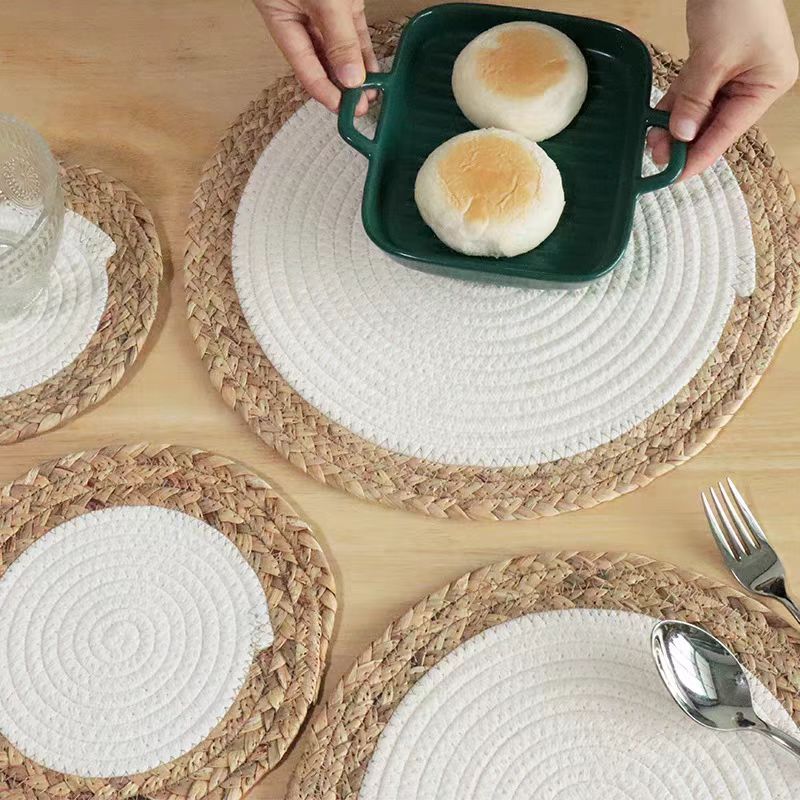 Hulugrass de color cálido mantel de costura de paja natural mantel de algodón cordón de algodón tapete de aislamiento decorativo de bosque posavasos