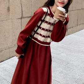 红色假两件a字裙收腰显瘦气质长裙温柔风小个子连衣裙女春秋新款