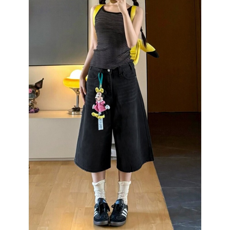 Black Straight-Leg Denim Capri Pants for Women, New Summer Style, Plus Size, Flattering for Pear-Shaped Body, Loose Wide-Leg Pants