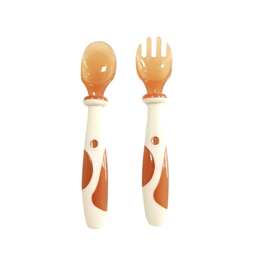 Infant twisting spoon and fork bent crooked handle silicone spoon children's baby training spoon and fork combination baby food supplement tableware