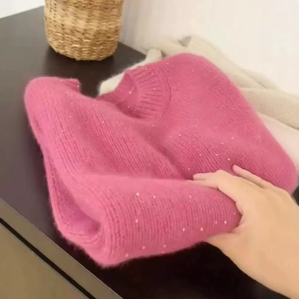 紫色显白浣熊绒星空毛衣女秋冬季软糯宽松设计感加厚内搭针织上衣