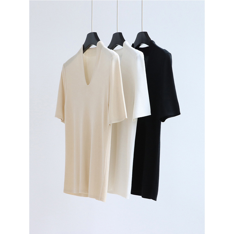 Three-dimensional V Neck Lyocell Short-sleeved Knitwear, Fashionable Niche Style Tencel Pullover Top, Women's T-shirt, Thin New Product