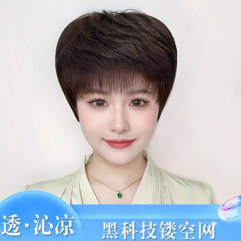 Wig for Women, Short Hair for Middle-Aged and Elderly Women, Covers Gray Hair, Age-Reducing, Mom Style, Real Hair Wig, Women's Wig with Slightly Curly Texture