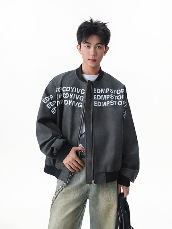 美式字母印花棒球服皮衣外套男款潮牌秋季宽松设计感痞帅pu皮夹克|undefined