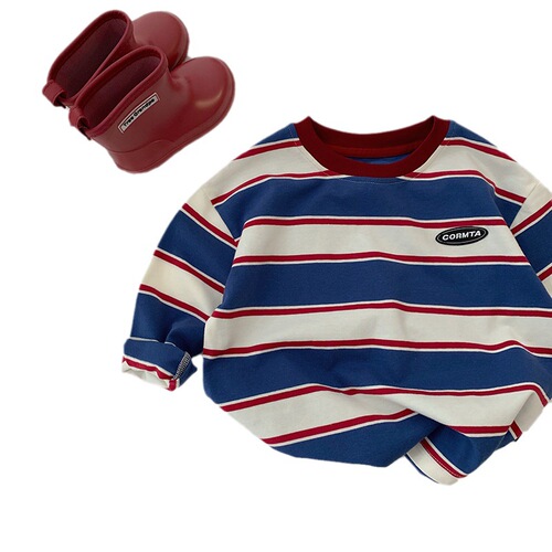 Tongchenchenma boys long-sleeved T-shirt loose and fashionable autumn children's contrast striped stylish T-shirt round neck top trendy