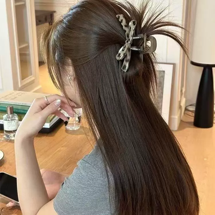韩系豹纹蝴蝶结抓夹女高级感半扎发鲨鱼夹超大号发夹气质头饰发卡