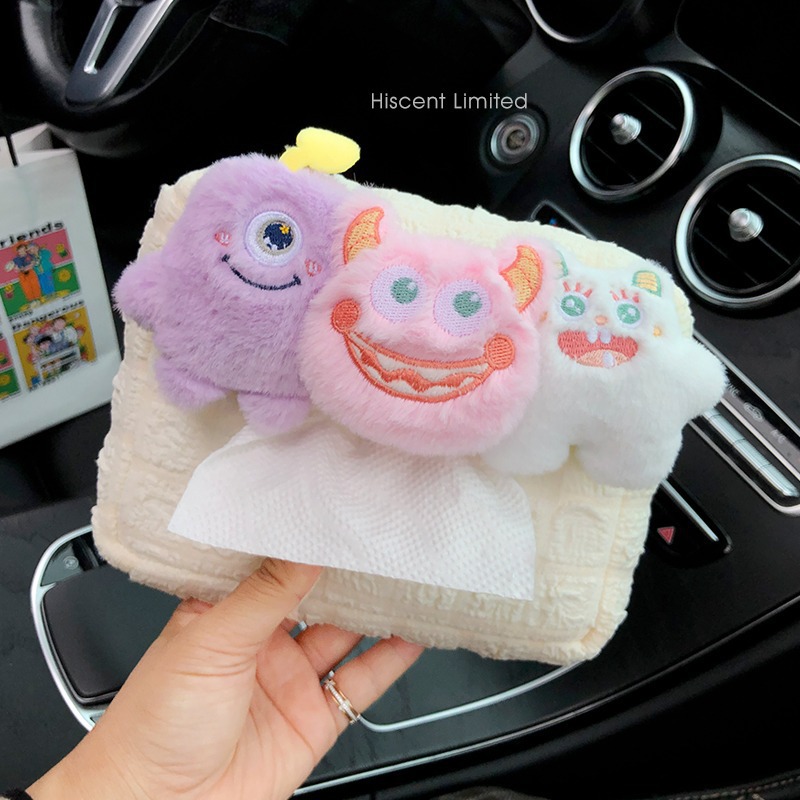 Cute Monster Caja de pañuelos de coche Caja de dibujo de papel de coche colgante Caja de reposabrazos Decoración de coche Bolsa de pañuelos de coche Mujer