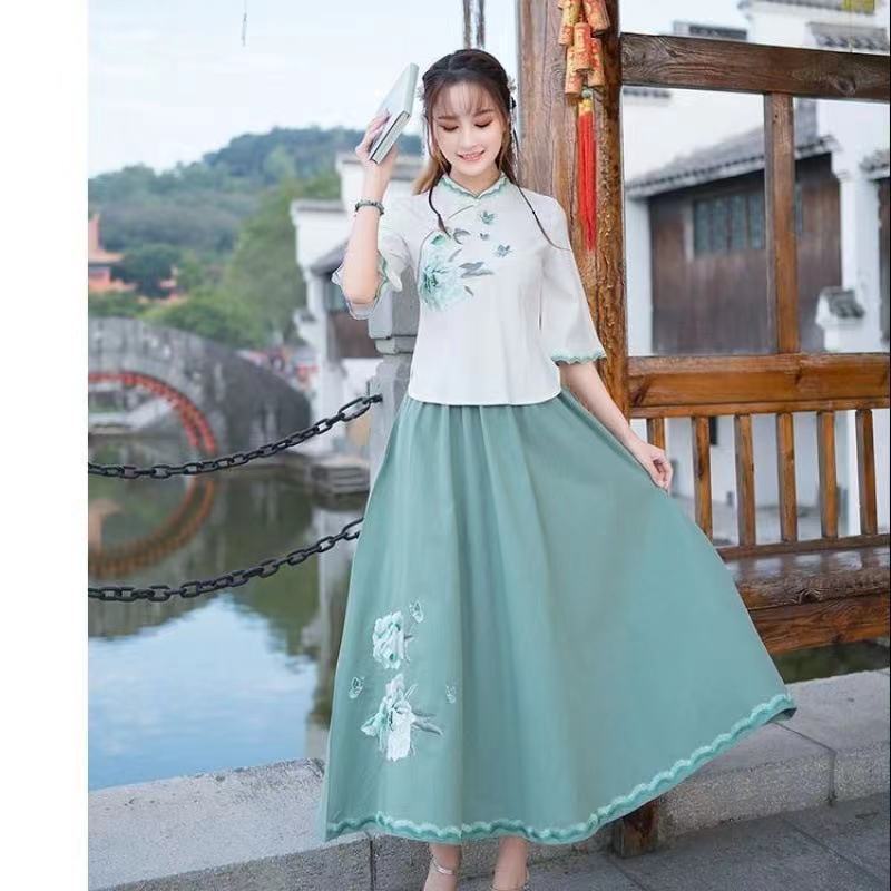 Republic of China Style Han Dynasty Women's Clothing 2022 Spring and Summer New Improved Republic of China Style Han Dynasty Women's Mid-Sleeve Embroidered Top Suit