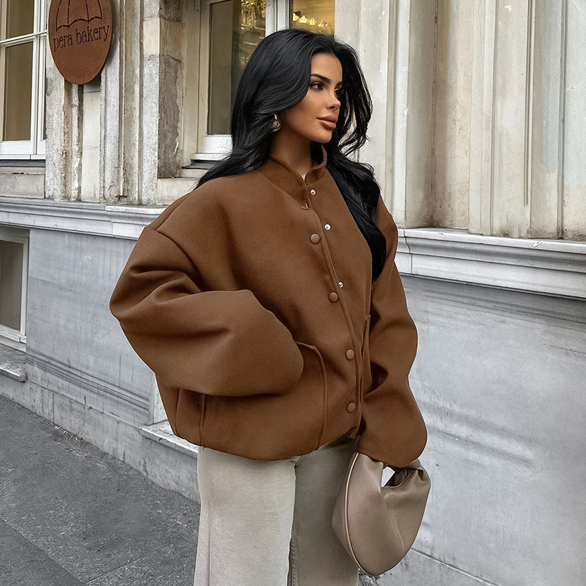 Damenbekleidung 2024 Winter neuer Maillard-Wollmantel in Braun, verdickter mittellanger Wollmantel mit Stehkragen_voghion.com