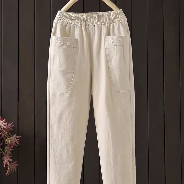 Stretch Cotton Middle-Aged Women's Pants with Elastic Waist, Cropped Pants for Moms, High-Waisted Plus-Size Casual Pants for Middle-Aged and Elderly, Spring and Autumn Style