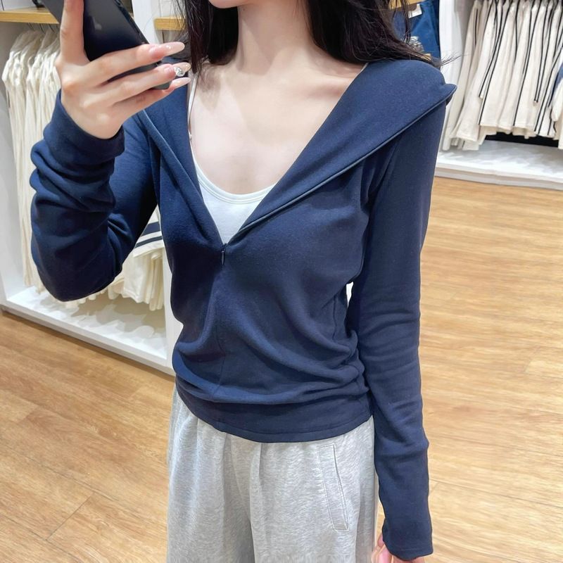 Korean Classic Half-Placket Zipper V-Neck Hooded Sweatshirt for Women Slimming Look New Pure Cotton Casual Ins Top Korean Classic Half-Placket Zipper V-Neck Hooded Sweatshirt for Women Slimming Look New Pure Cotton Casual Ins Top