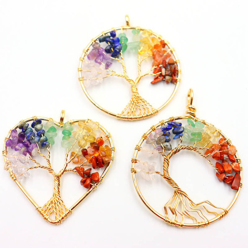 Amazon natural crystal gravel winding colorful tree of life pendant necklace natural stone money tree dream catcher pendant
