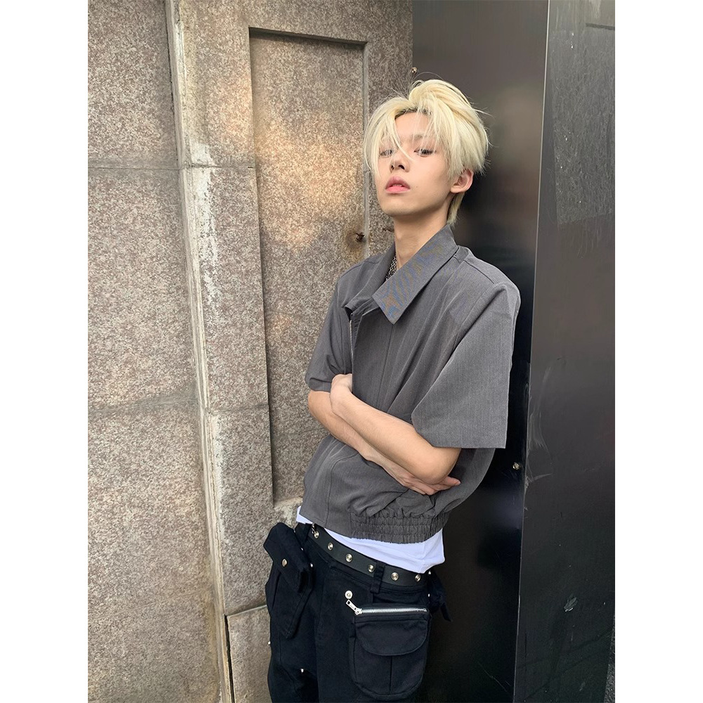 痞帅小众设计感衬衫男2025夏季新款拉链短袖翻领短宽衬衣休闲外套
