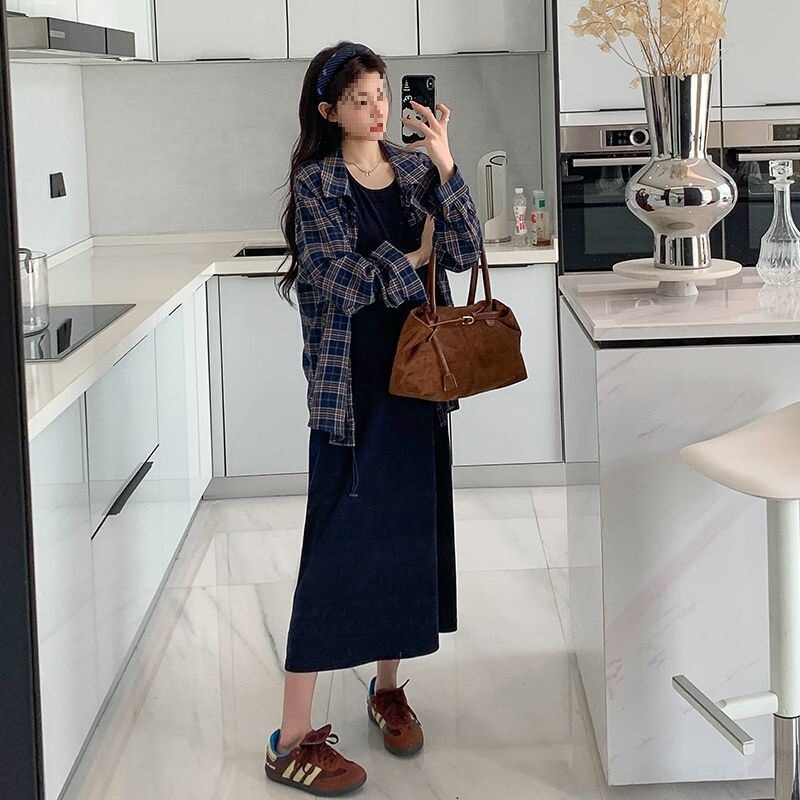 Two-Piece Round Neck Long Shirt Suit New Maternity Suit Plaid Autumn Vest Dress Spring and Autumn