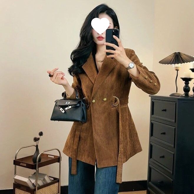 J7H Autumn and Winter Retro Suit Jacket Women's Designer Style Belt Slim Suit Top Women