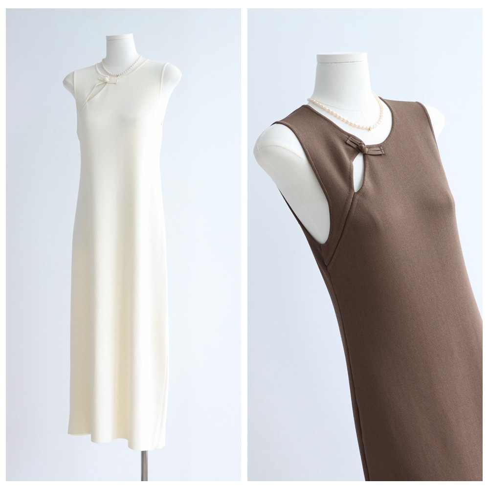 16针曲珠新中式盘扣夏季背心裙复古连衣裙收腰显瘦针织裙纯色新品