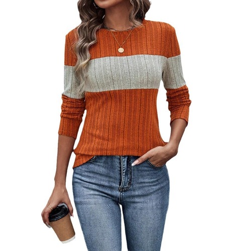 Women's Fashion 2025 Spring New Arrival Amazon TEMU Independent Site Casual Colorblock Ribbed T-Shirt with Round Neck for Women