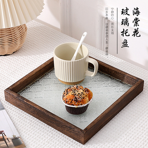 Cross-border Japanese retro cherry blossom pressed glass tea tray, solid wood rectangular storage tray, photography prop, decorative piece