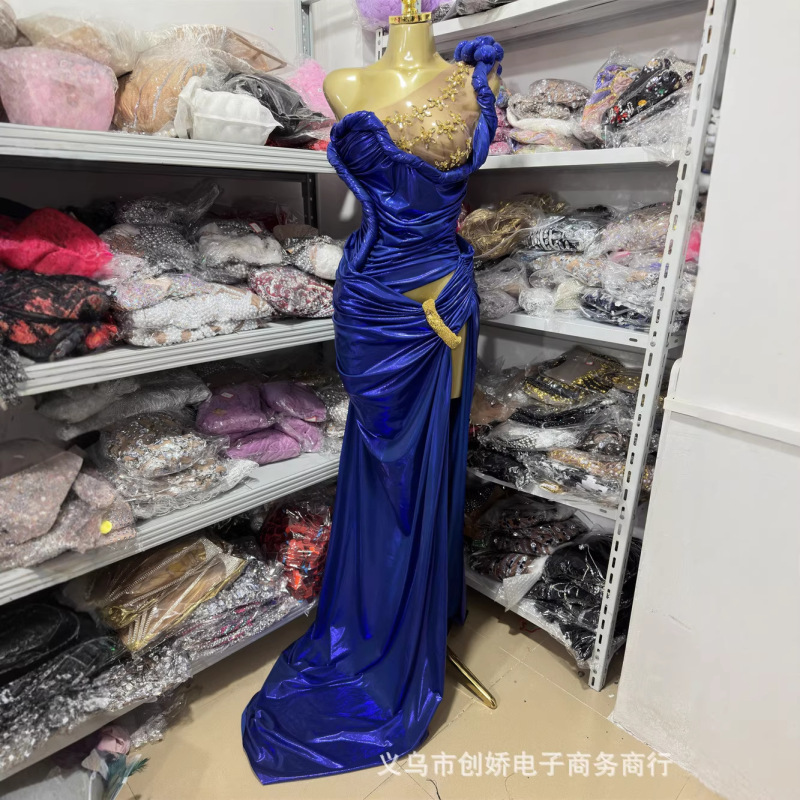 European and American Style Backless One-Shoulder Sleeveless Pleated Design Slit Long Floor-Length Dress Women's Gown European and American Style Backless One-Shoulder Sleeveless Pleated Design Slit Long Floor-Length Dress Women's Gown