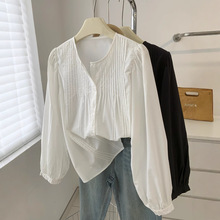 简约百搭白色圆领娃娃衫女秋季新款宽松休闲纯棉衬衫外套长袖衬衣