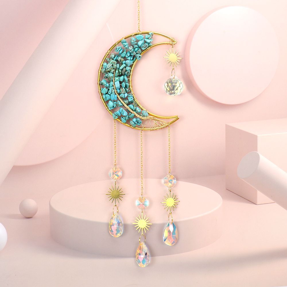 Hecho a mano bobinado natural cristal grava vida árbol Luna Sol catcher adornos campanas de viento colgante decorativo T02