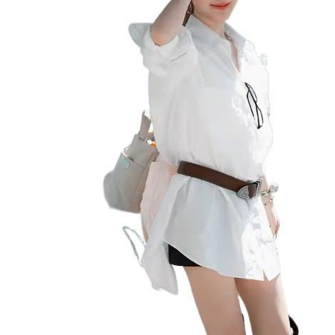 2025 春夏新白ポロカラーシャツドレス女性のウエスト気質ミッドレングスシャツウエスト|undefined