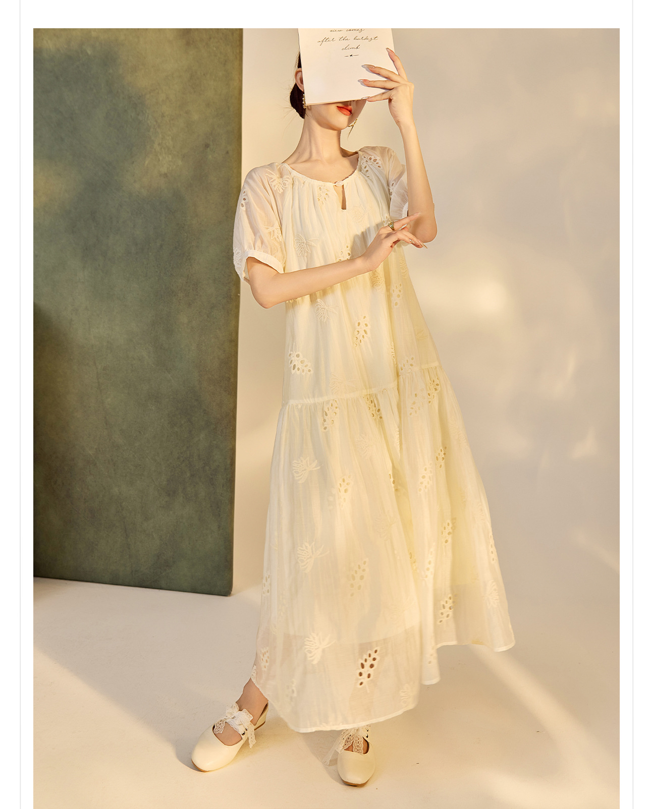 Váy suông midi Tencel phong cách Trung Quốc mới tay ngắn cổ tròn — Màu trắng be chi tiết 15