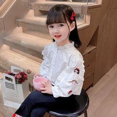 2025新款女童衬衫时尚立领女童白衬衫棉质花边刺绣女童打底衫内搭