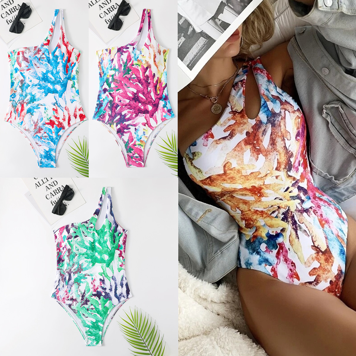 New Cross-border Foreign Trade European And American Multicolor Printed Swimsuit Hollow One-shoulder One-piece Swimsuit Sexy Bikini One-piece