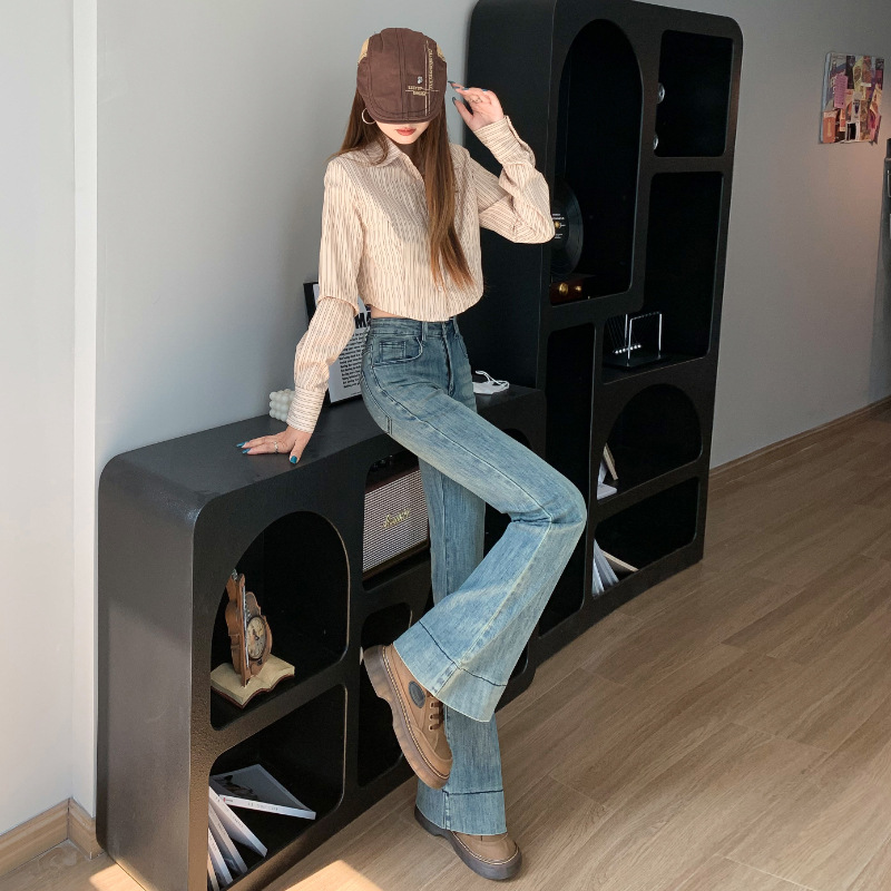 [진음] 레트로 높은 허리 마이크로 블래 진 여성용 2024 가을 새 슬림핏 슬리밍 말굽 트럼펫 바지