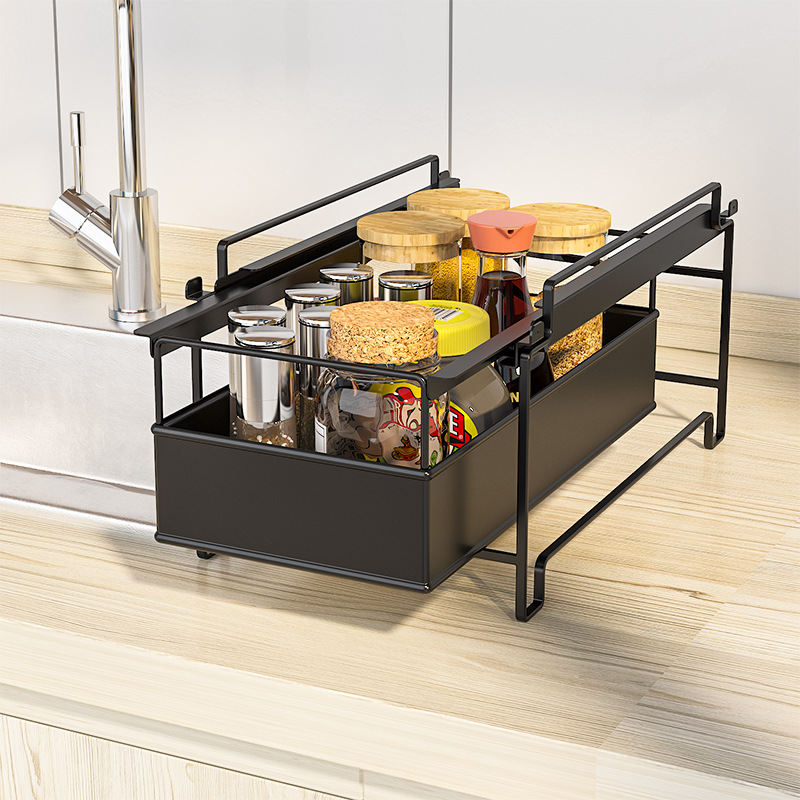 Fregadero de la cocina de almacenamiento estante de superficie de la estufa en capas Push-Pull cajón condimento rack de almacenamiento