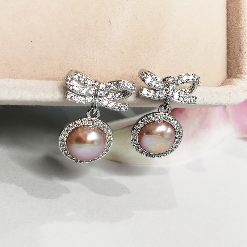활 진주 귀걸이 (화이트 골드 + 퍼플 비즈)