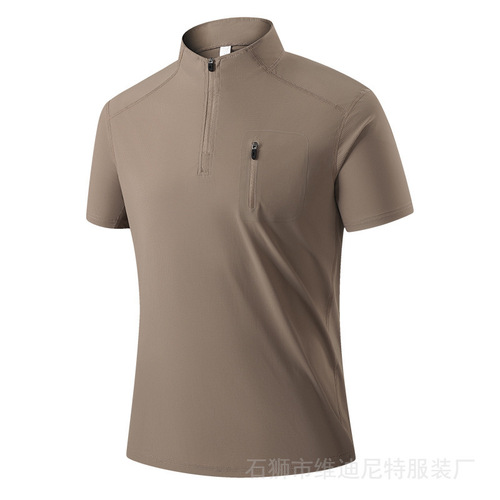 Cross-border - 2025 Half Zip T-Shirt Men's Short Sleeve Ice Silk Quick Dry Running Fitness Elastic Breathable Casual Sports Top