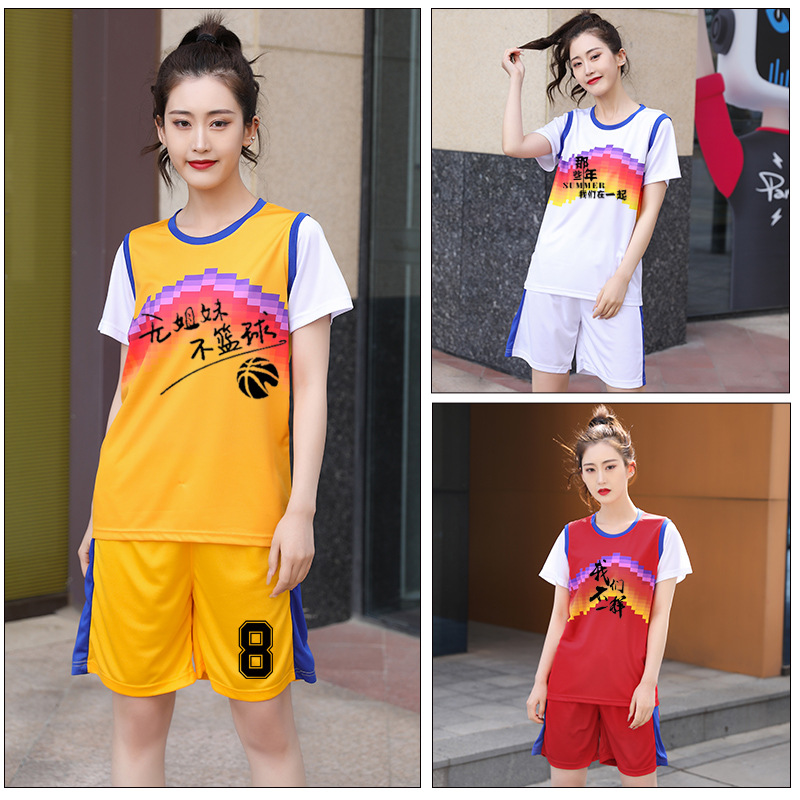 Class Clothes Short-sleeved Basketball Clothes suit Jersey Women's Basketball Loose Fake Two-piece plus size Fat Ball Clothes Printed Competition Clothes