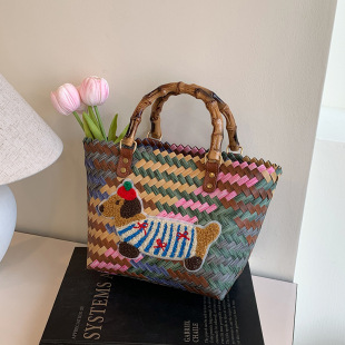 Striped vintage dachshund dog woven vegetable basket 2025 rattan new handbag commuter tote bag shoulder wholesale