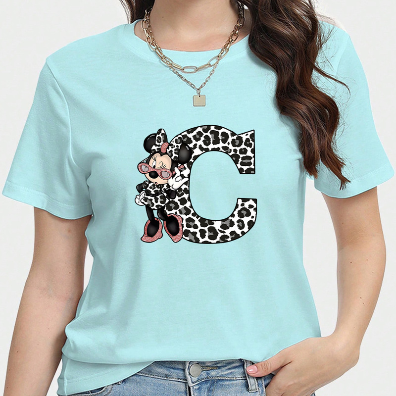 Cross-Border Loose Sports Short-Sleeved T-Shirt for Women Mickey Mouse Printed Top Sweet Round Neck Short-Sleeved Style