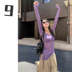 [9hour]甜辣风抽褶绑带t恤女 2025秋季别致微透长袖上衣女c250364