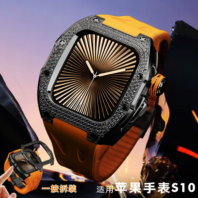 Suitable for Apple Watch Modification S11 Case with Diamond Inlay 46mm Stainless Steel High-End Protective Replacement Strap iWatch