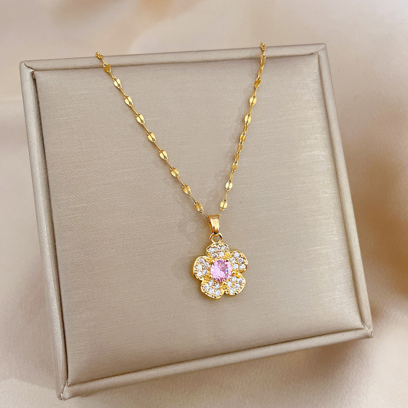 Fashion Flower Stainless Steel Plating Inlay Rhinestones Pendant Necklace 1 Piece