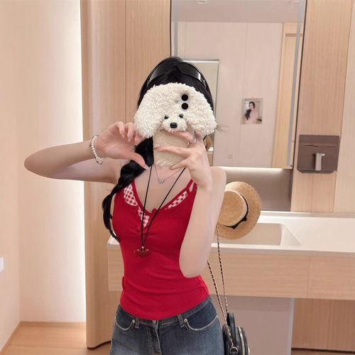 10121 Summer New Half-Sleeve Button Design Versatile Splicing Checkered One-Piece with Bra Cup Comfort Straps