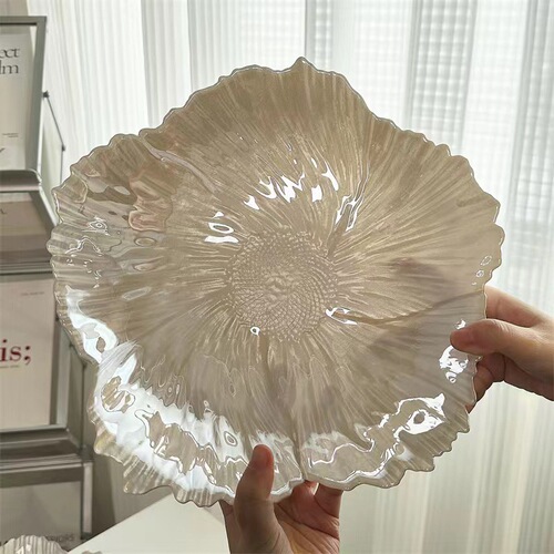 Nordic Flower Crystal Glass Fruit Bowl Set for Home, High-end Snack Plate, Pearlescent Simple Candy Plate