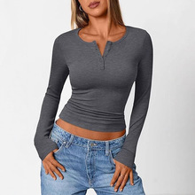 跨境亚马逊欧美女装2025秋冬新款纯色女士T恤纽扣罗纹修身针织杉