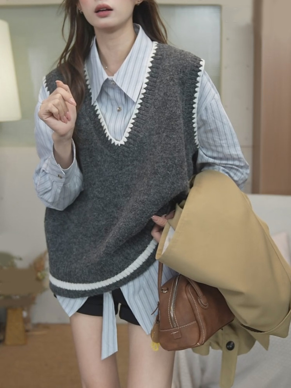 学院女孩复古风格雷系宽松V领撞色针织衫女背心马甲小个子上衣|undefined