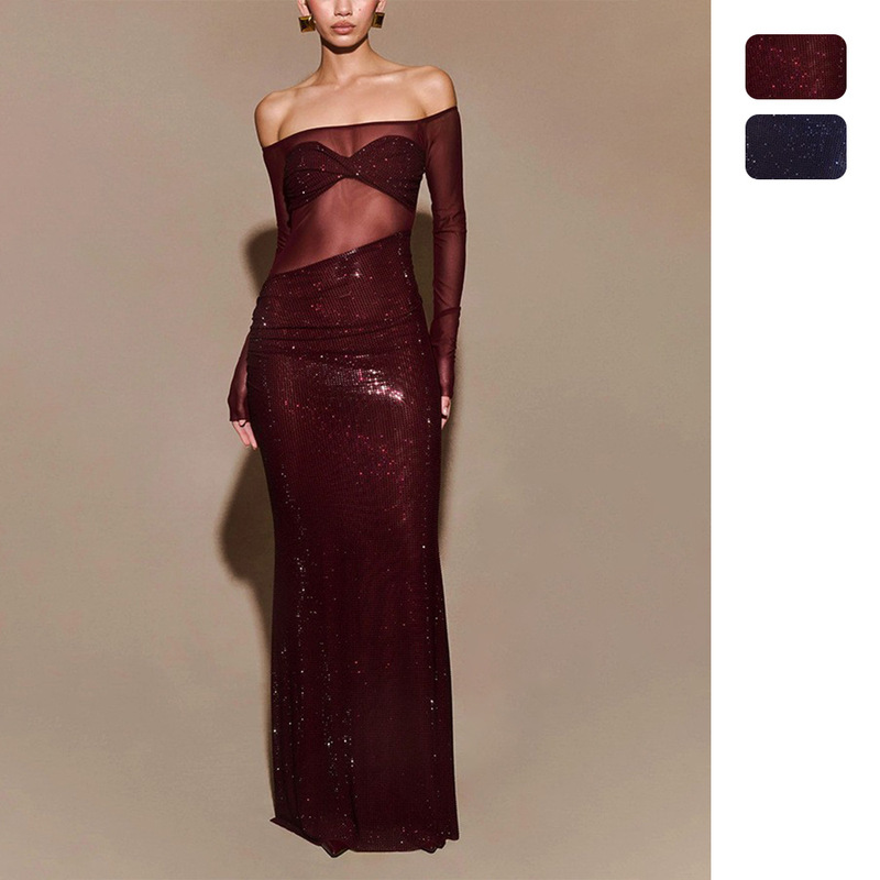 Independent Station Amazon European and American Women's Perspective Evening Dress dress Sexy Long Slim-fit Shoulder Women's 8108