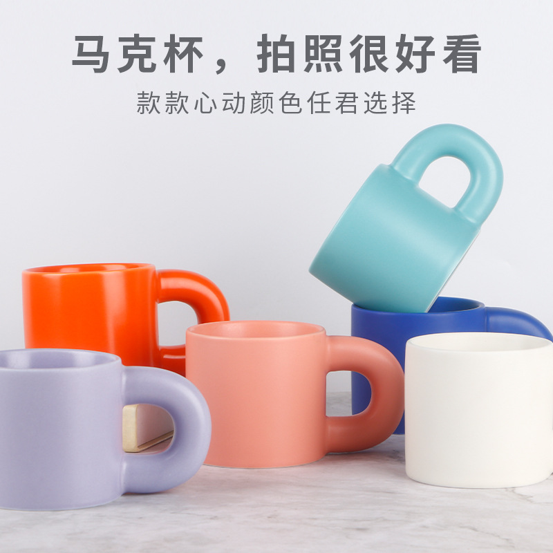 简约糖果色马克杯大耳朵陶瓷杯家用水杯可印刷LOGO刻字礼品杯子