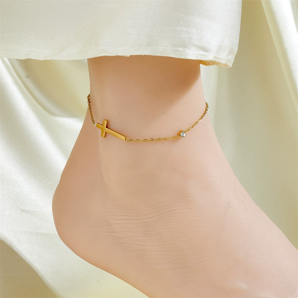 Ankle bracelet, chain, golden fashionable sexy accessory stainless steel, simple and elegant design, light luxury style, internet celebrity, 750 sample gold