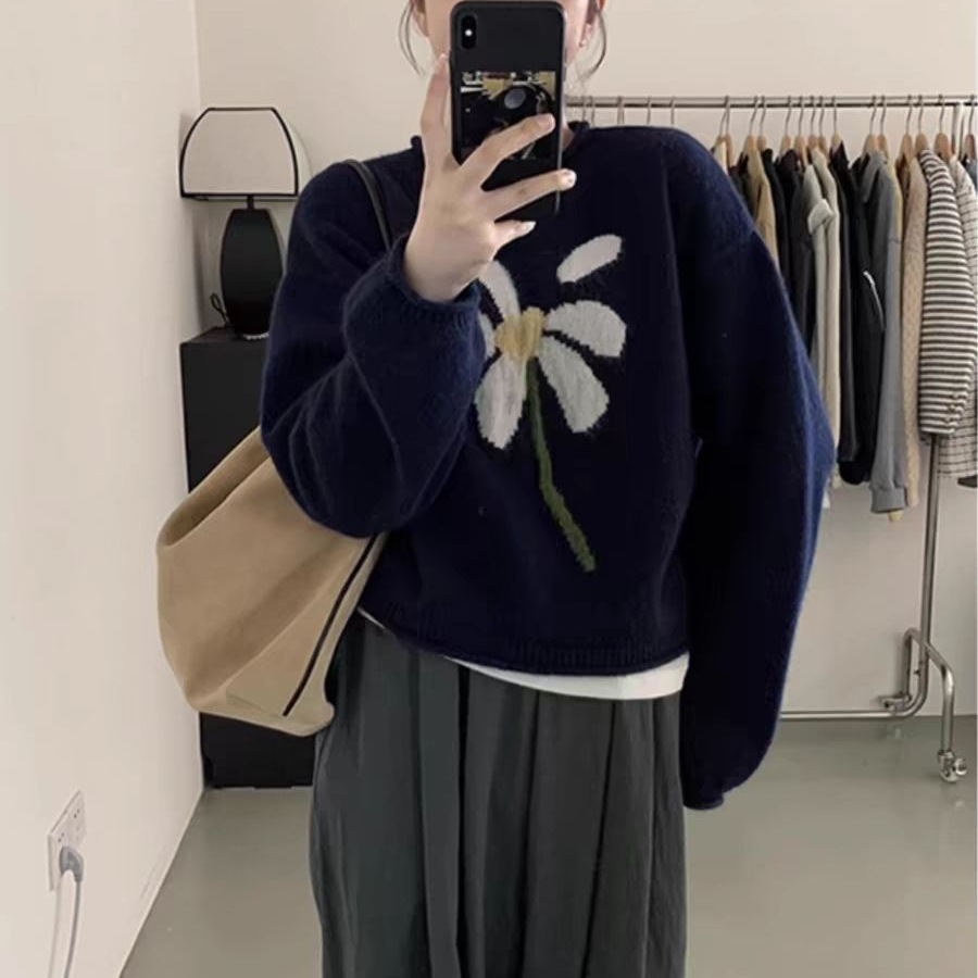 慵懒风设计感提花毛衣女套头冬季新款叠穿显瘦花朵百搭针织衫上衣