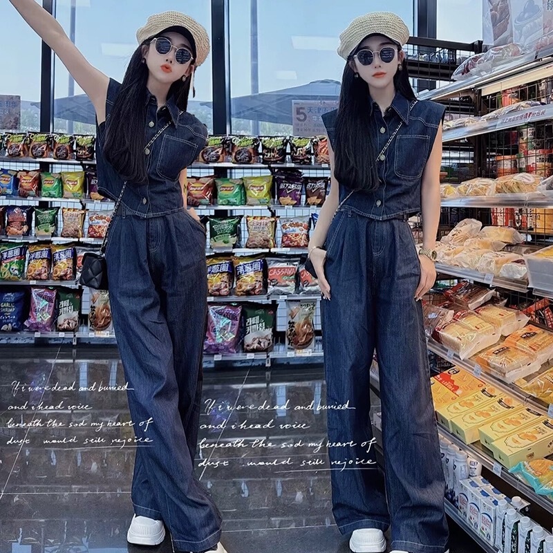 Korean Style Casual Fashion Denim Suit Women's Summer New Style Retro Sleeveless Shirt Straight Wide Leg Pants Two-Piece Set